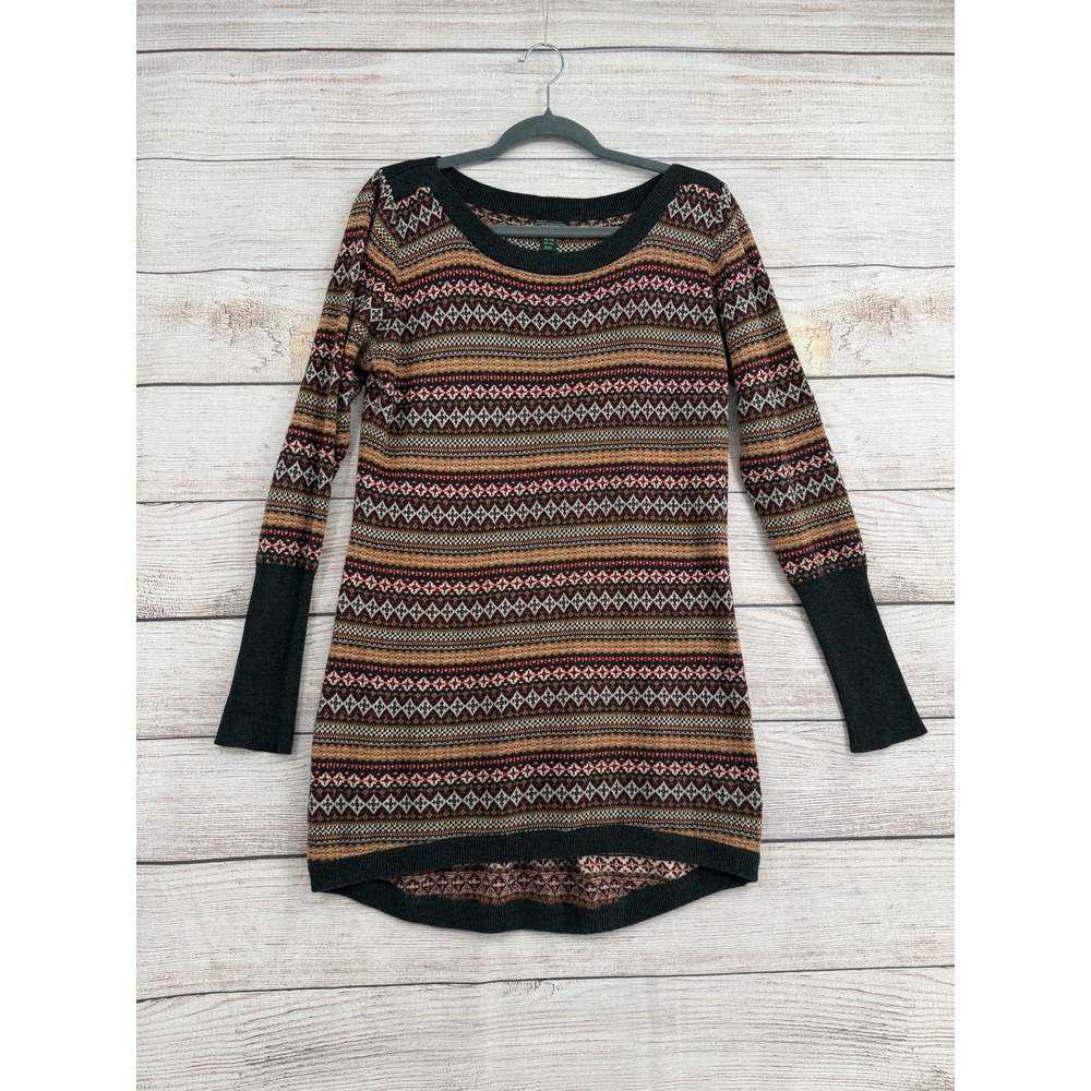 Roots Canada Tunic Sweater Womens XL Brown Fair Isle Knit High Low Cotton